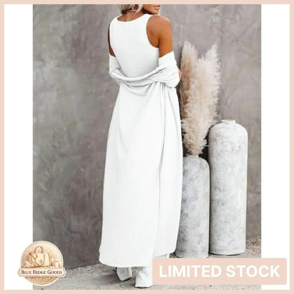 3 Piece Lounge Set Knit Cardigan Crop Top Wide Leg Pants Chic Comfy